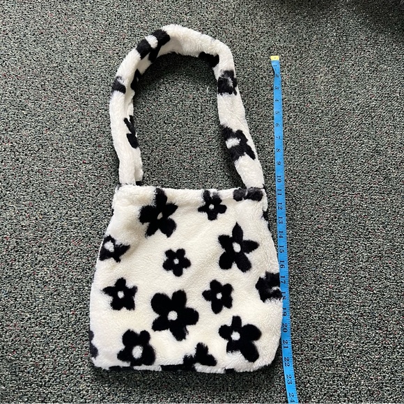 Fuzzy Furry Soft Black & White Floral Cow Print Medium Casual Shoulder Tote Bag - Picture 16 of 16